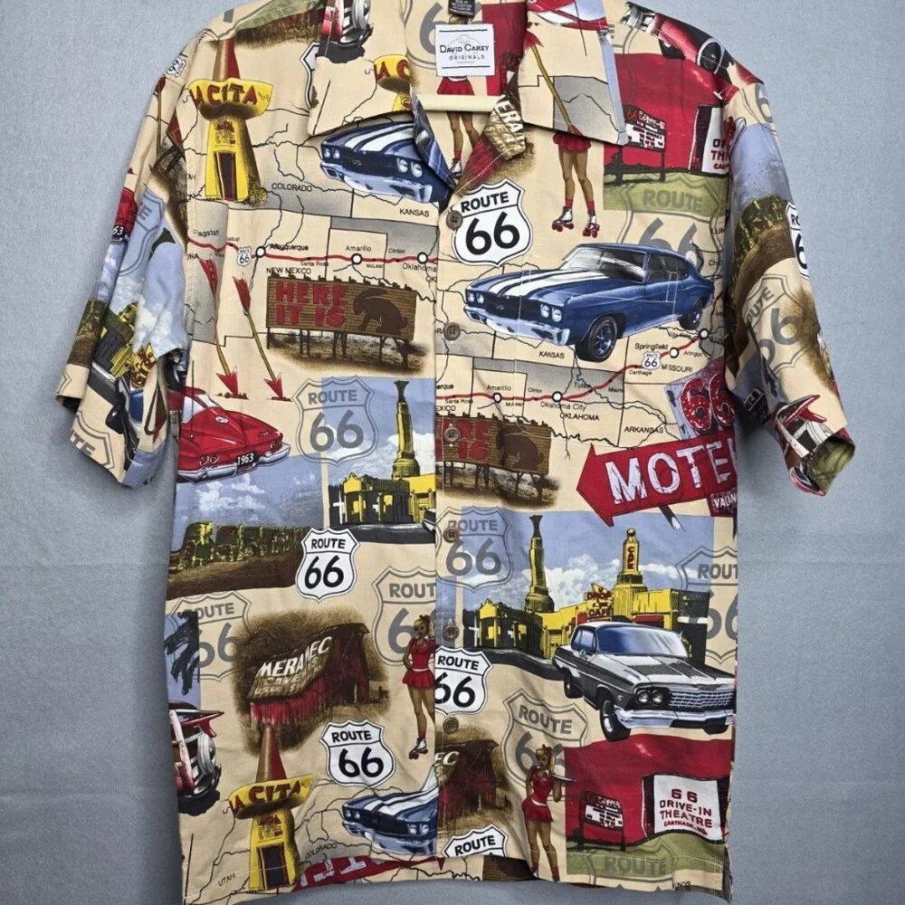 DAVID CAREY Originals Button Down Route 66 Size Medium Cotton Rayon